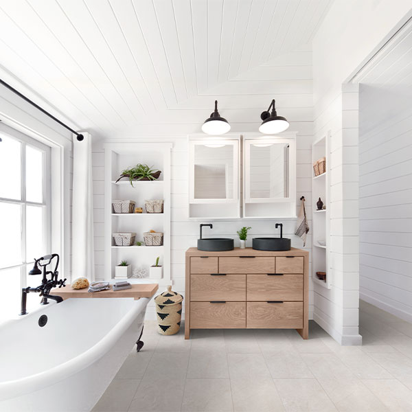 luxury vinyl tile flooring in minimalist bathroom